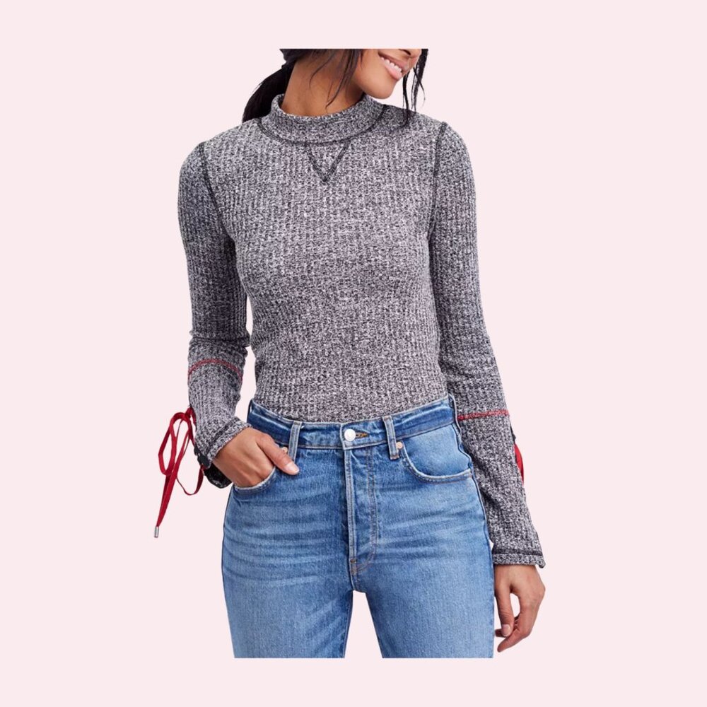 Free People Lace-Up-Sleeve Thermal Sweater Size S